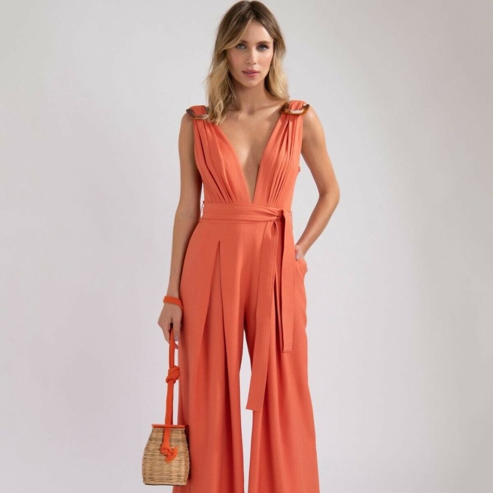 PatBO Buckled Deep-V Jumpsuit Hot Orange Ties Waist Luxury 6 NWT $615